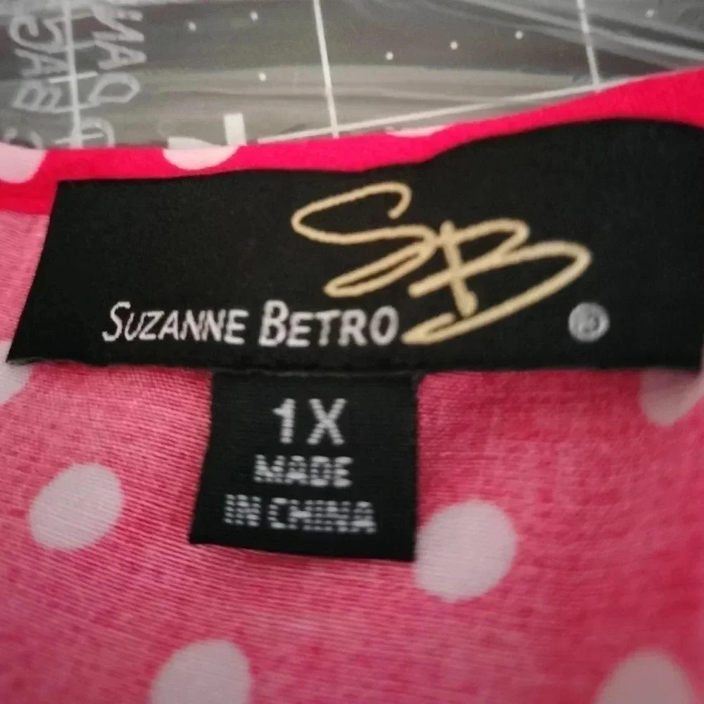 Suzanne Betro Red White Dots Short Adjustable Sleeves V Tie neckline Sz 1X - Picture 2 of 9